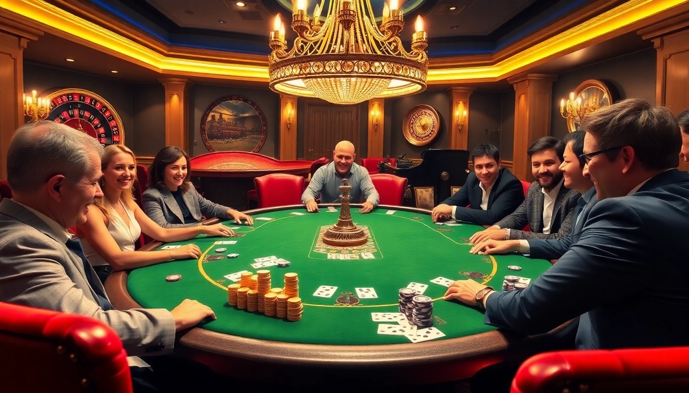 Experience the excitement at the LC88 gambling table with players engaged in a thrilling poker game, illuminated by warm lighting.